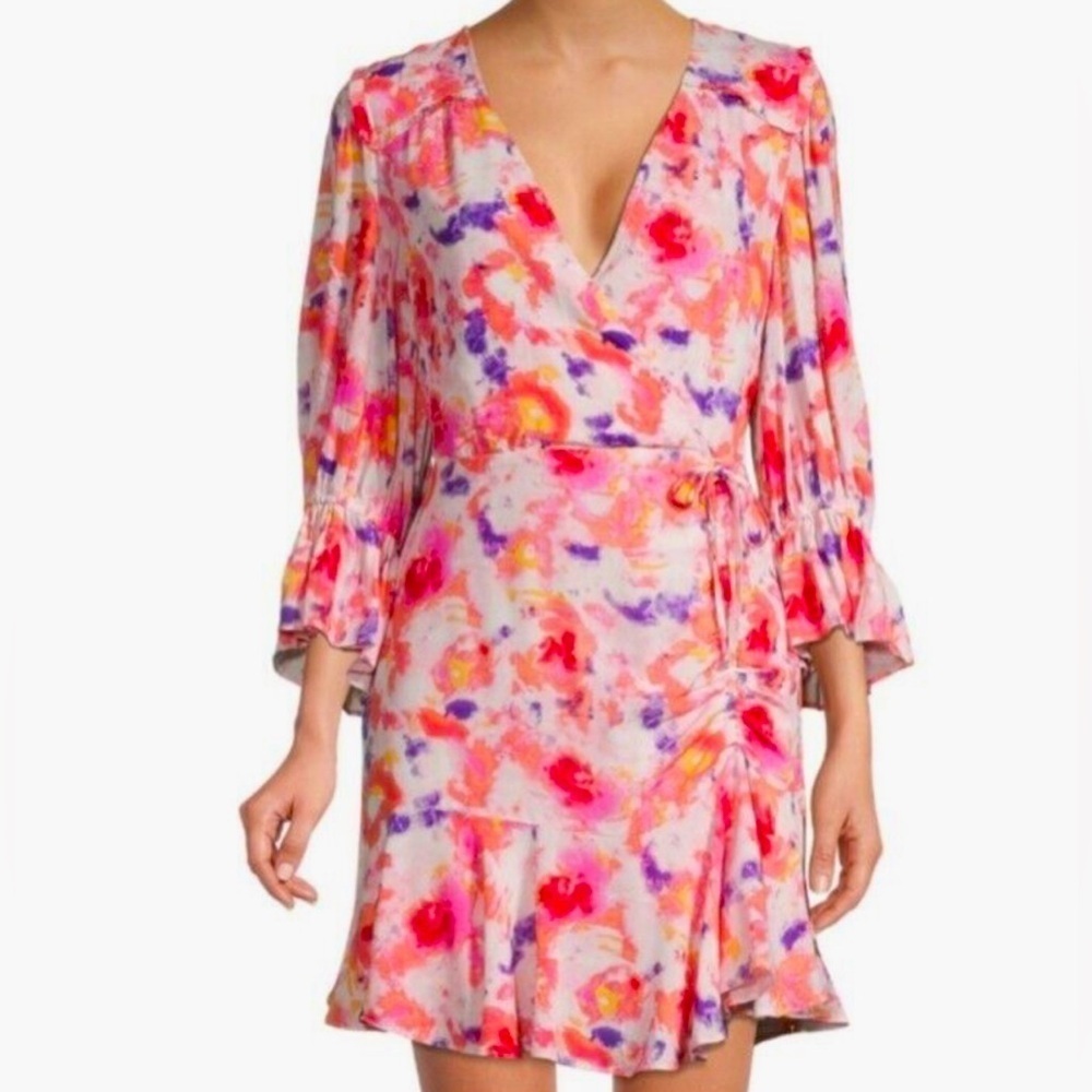 NWT Betsey Johnson Yarrow Sunset Pink Floral Watercolor Tiered Faux Wrap Dress 2